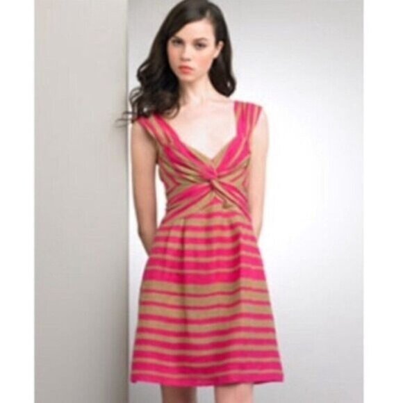 Nanette Lepore Pink Tan Stripe Silk Linen Blend Dress 6 8 - Picture 1 of 6